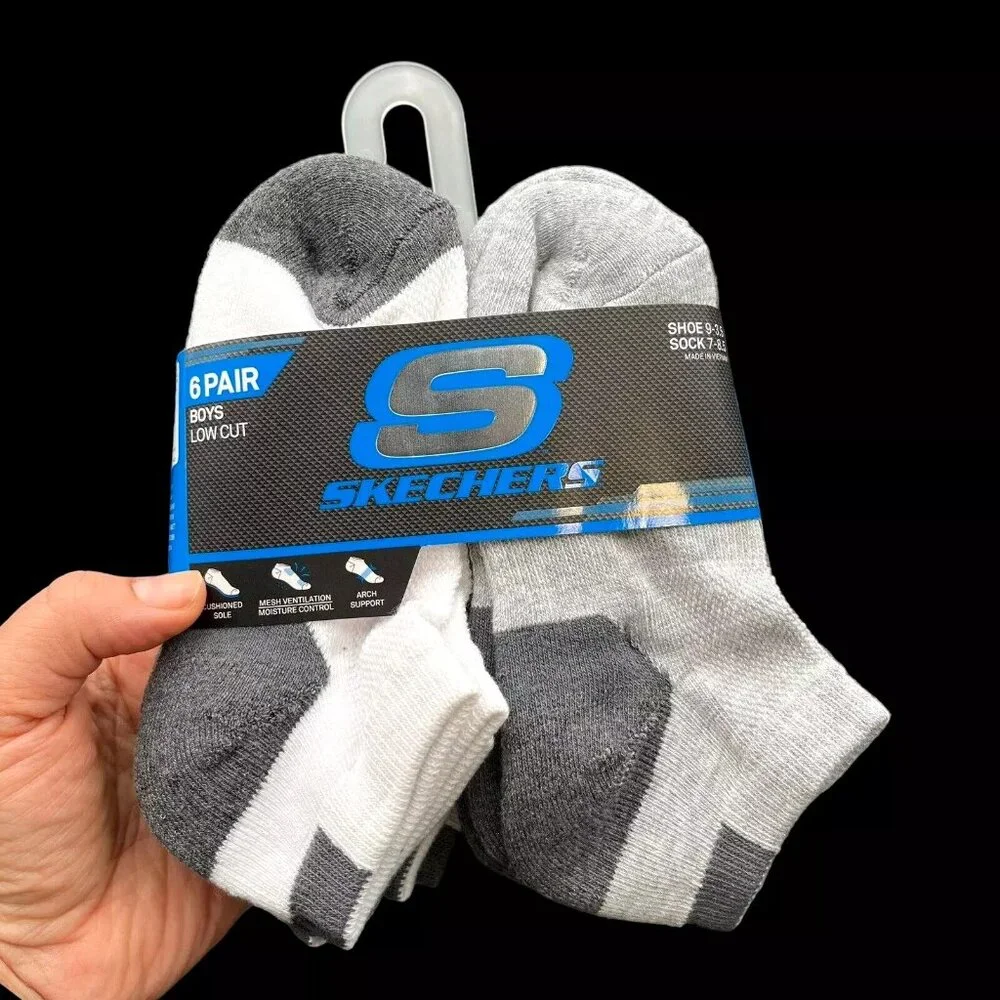 Skechers Litte-Youth‎ Boy's Low Cut Socks Shoe Size 9-3.5 White Gray (12 Pairs)